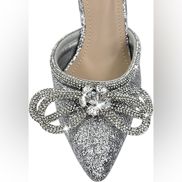 🆕 Women’s Silver Rhinestone Bow Ankle Strap Pumps | Pointed Toe Heels - Picture 8 of 10